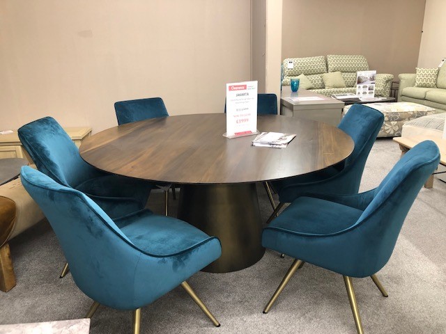 152.5cm Round Dining Table + 6x Amy Teal Velvet Dining Chairs